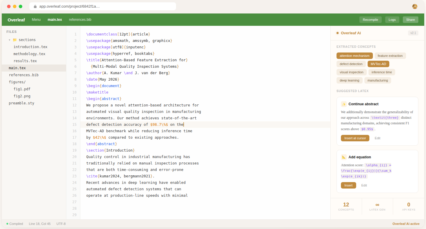Overleaf Assistance AI side panel open inside the Overleaf LaTeX editor
